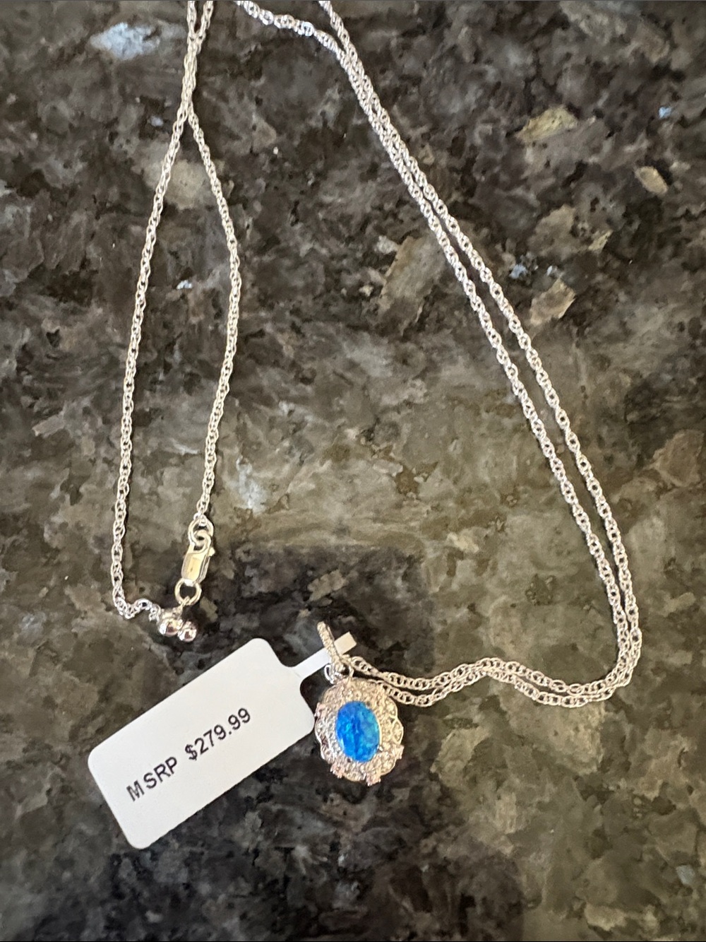 Silver Necklace with Blue Opal Halo Pendant - Women Jewelry